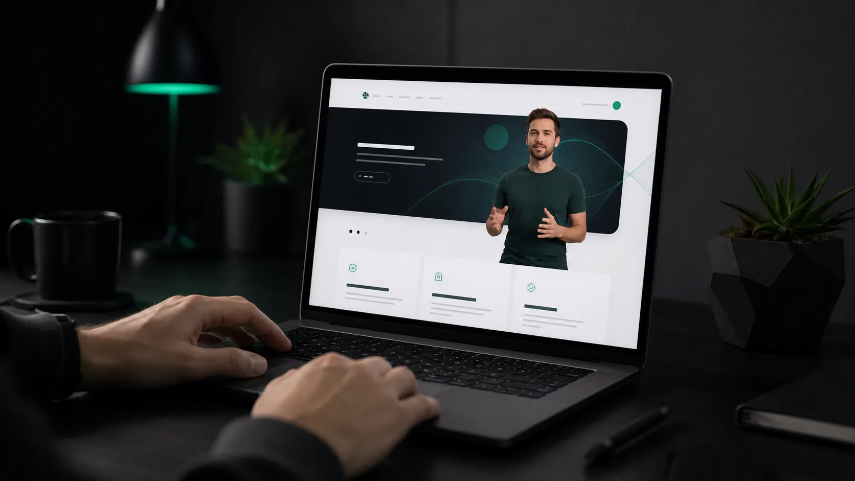 Laptop displaying a presenter integrated into a modern website without a rectangular video background