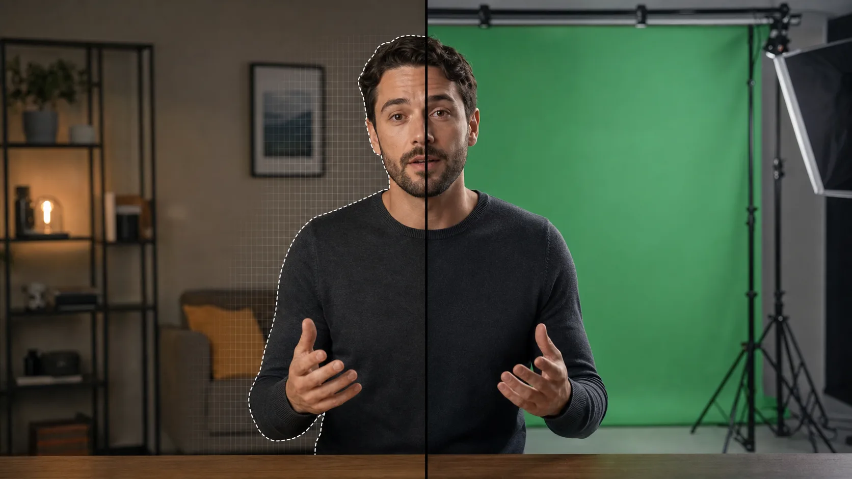 Split comparison of a presenter recorded in an ordinary room and in a professional green-screen studio
