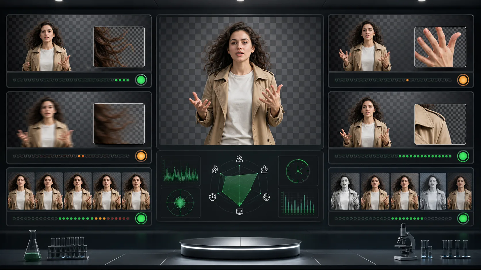 Laboratory-style comparison board evaluating video cutouts around hair, hands, motion, and edges