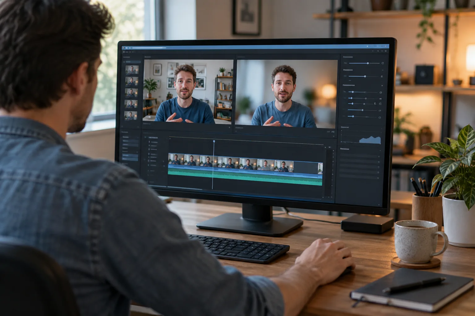 Video editor comparing a talking-head recording with its original room and a softly blurred background