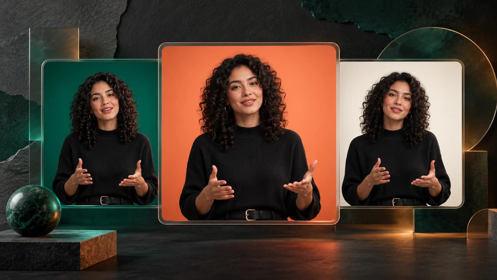 Presenter shown against emerald, coral, and off-white video backgrounds