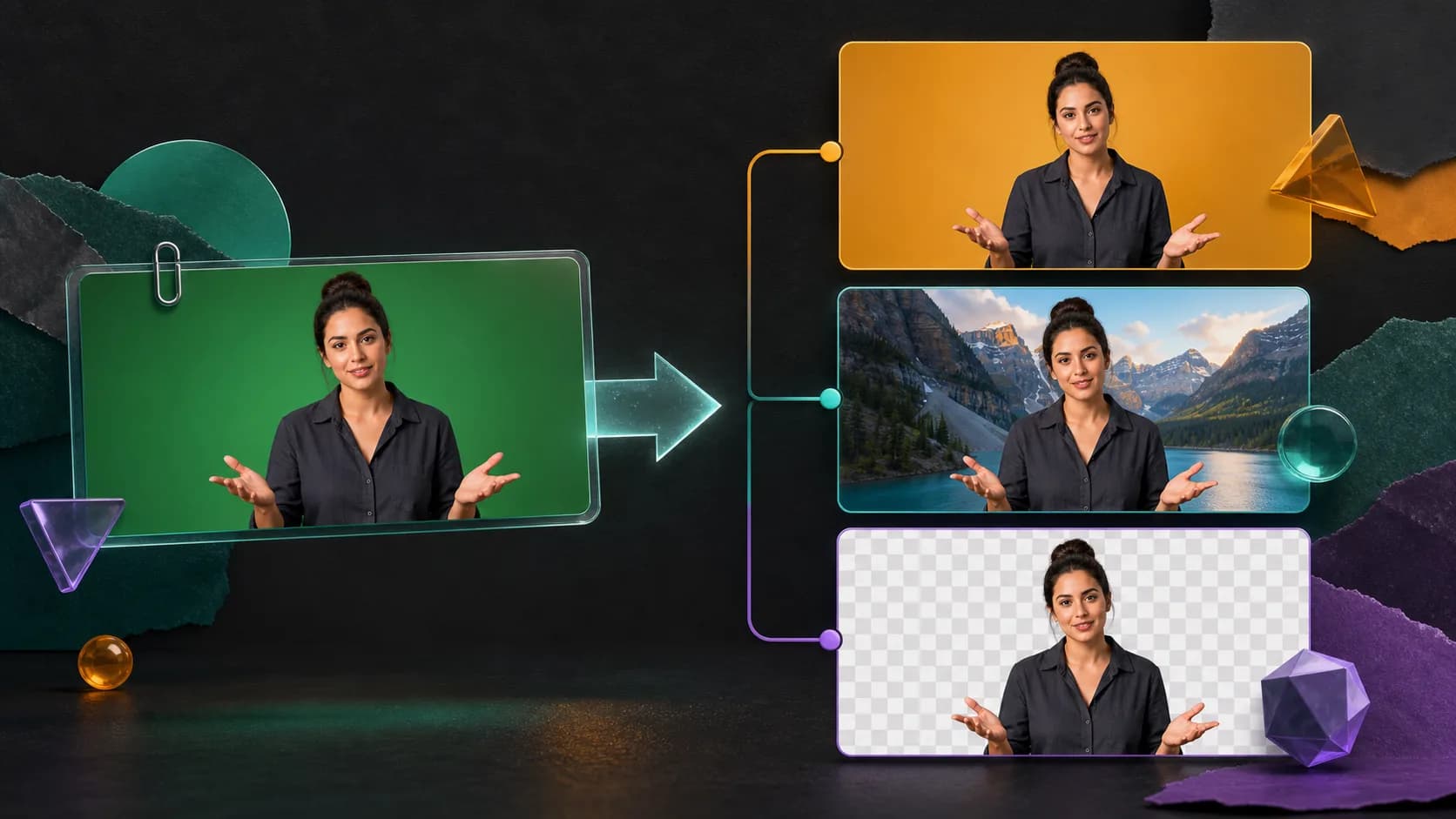 Presenter shown with solid color, scenic image, and transparent video backgrounds