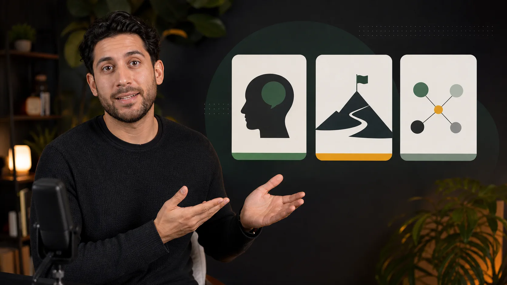 Educator presenting beside visual lesson cards in a home recording setup