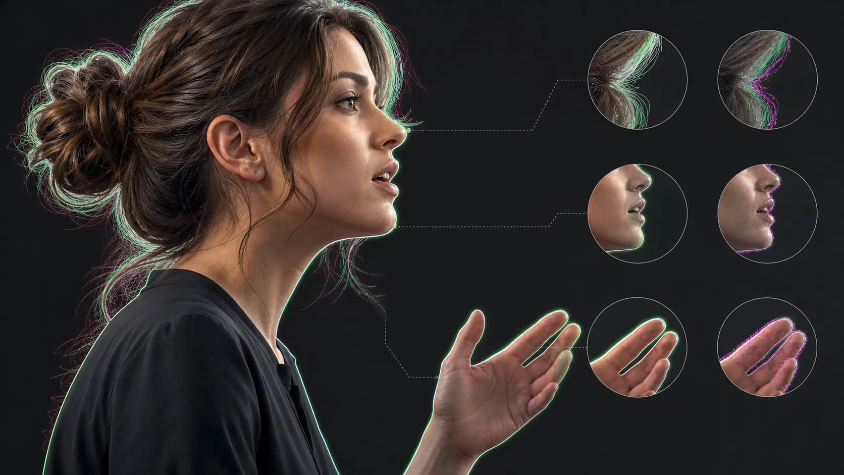 Close-up technical comparison of clean and rough segmentation around hair, face, and hands