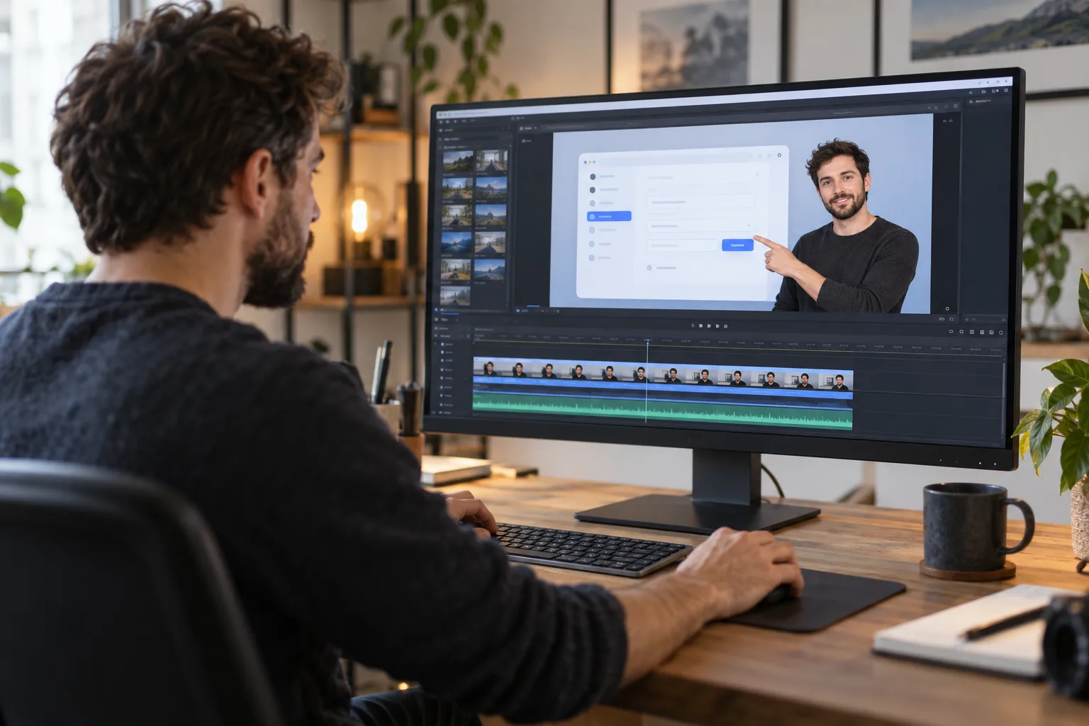 Creator editing a software tutorial with a borderless presenter cutout layered over a screen recording