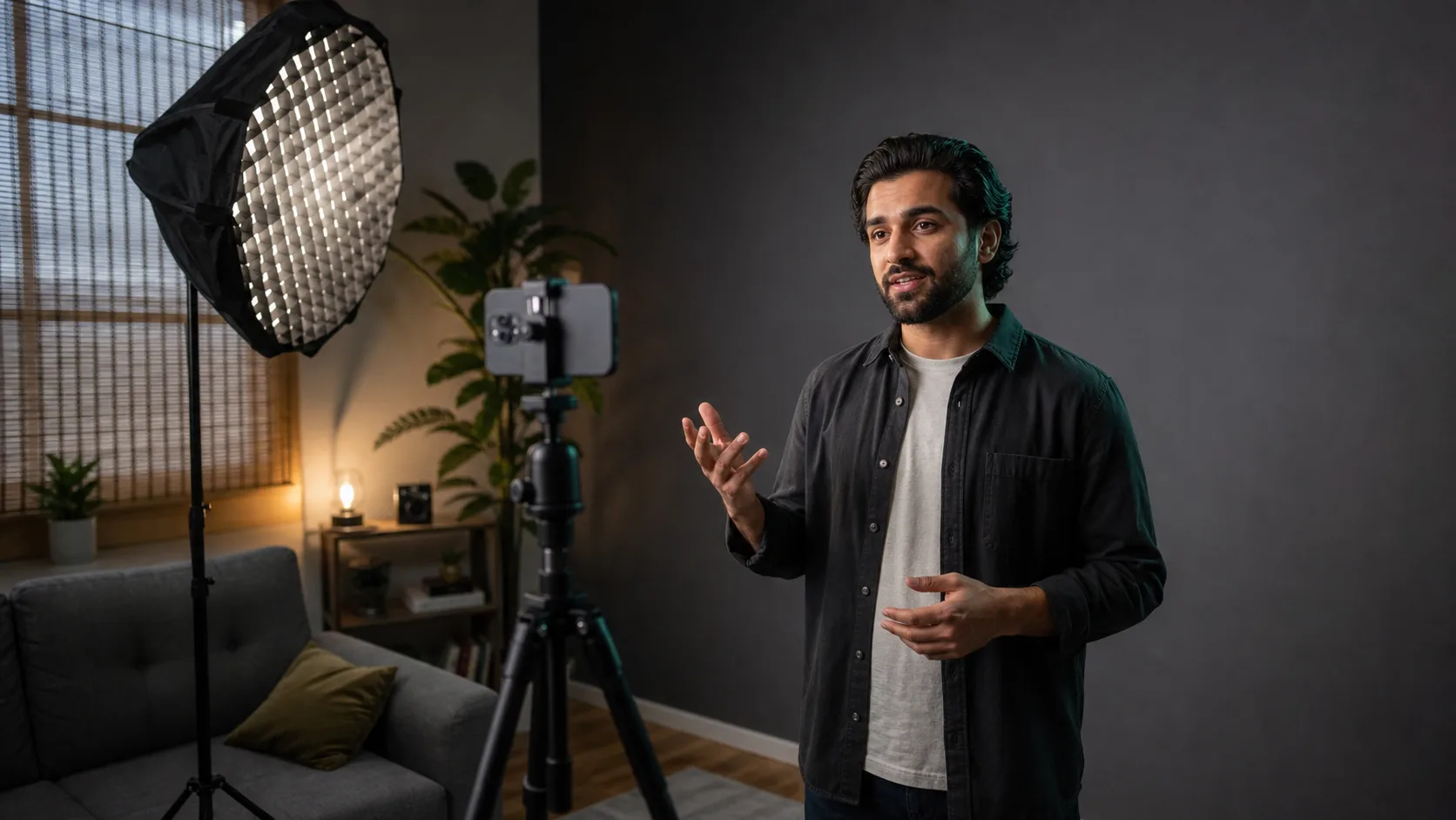 Presenter recording with a phone, tripod, and large soft light in a compact home studio