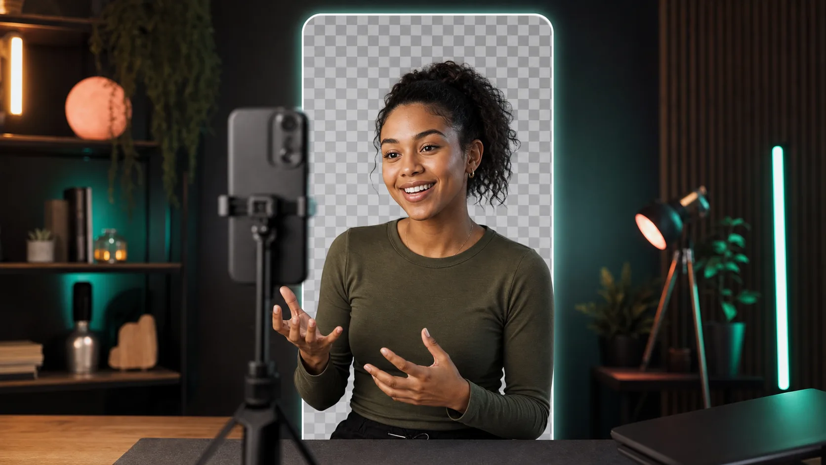 Creator recording a vertical video as the room becomes a transparent cutout