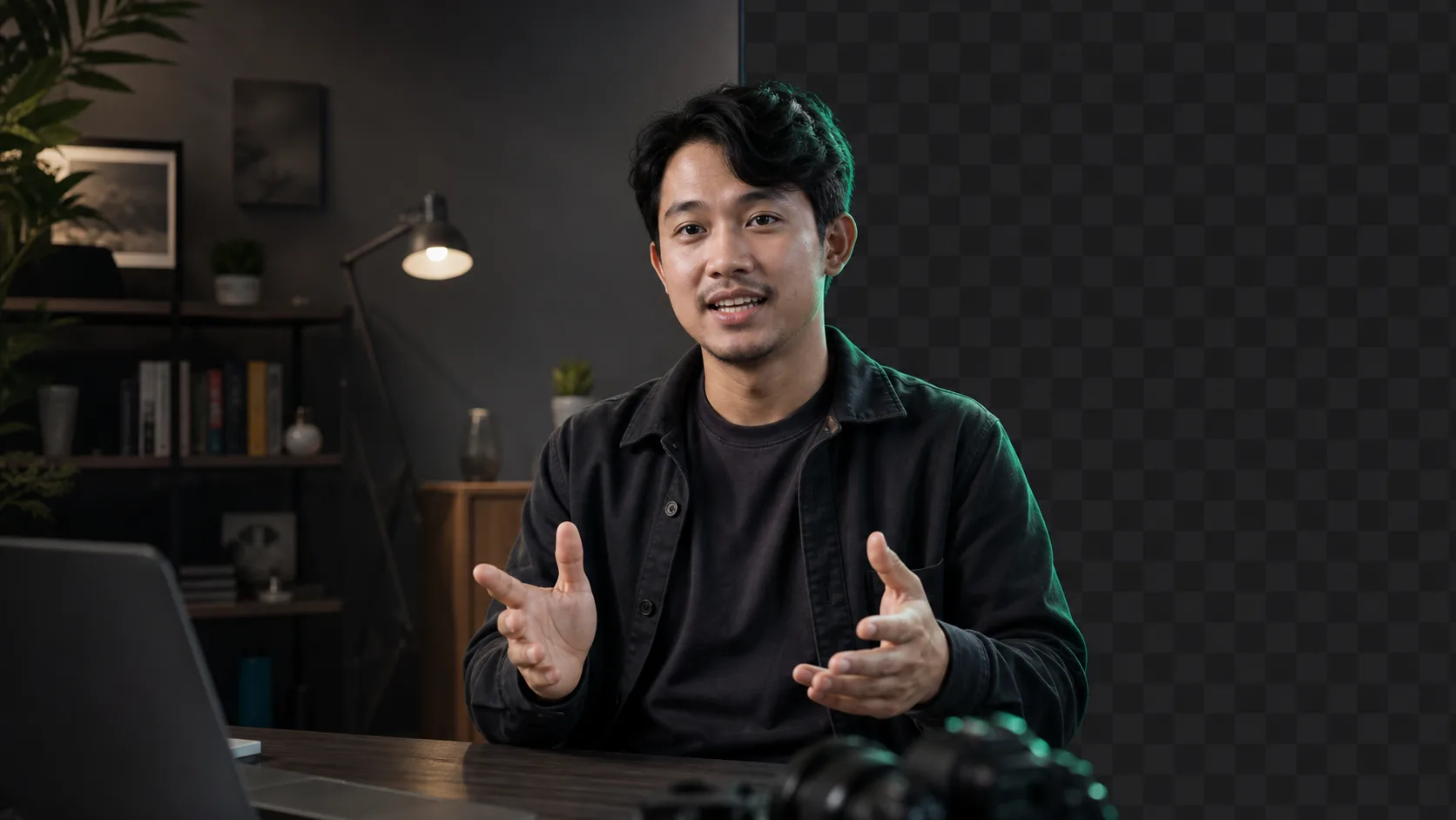 Creator in a home studio shown half against the original room and half against a transparency grid