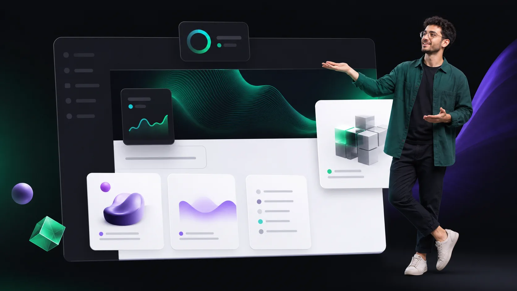 Transparent presenter standing beside modern website interface cards