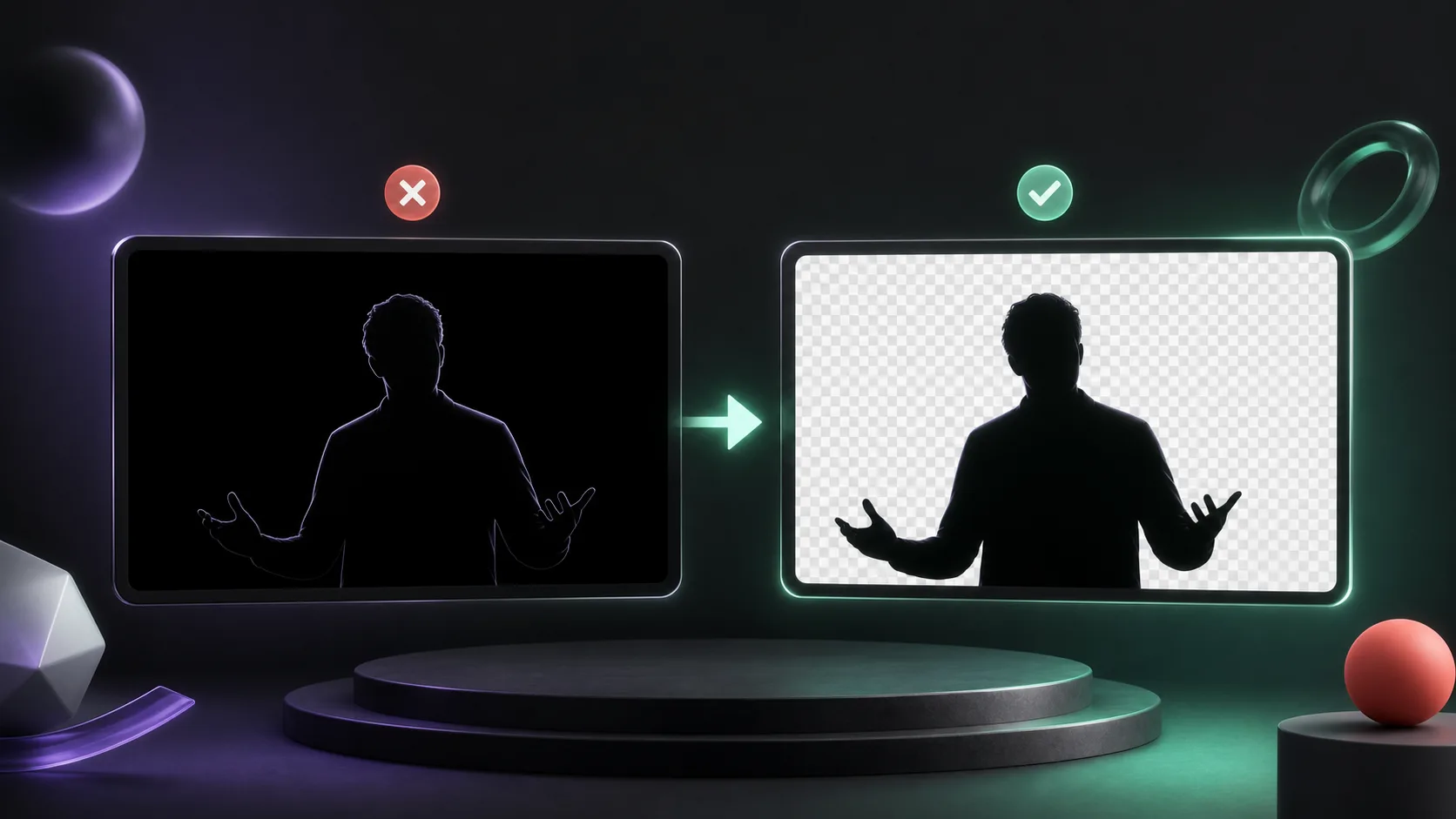 Two video frames comparing an opaque black background with a correctly preserved transparent background