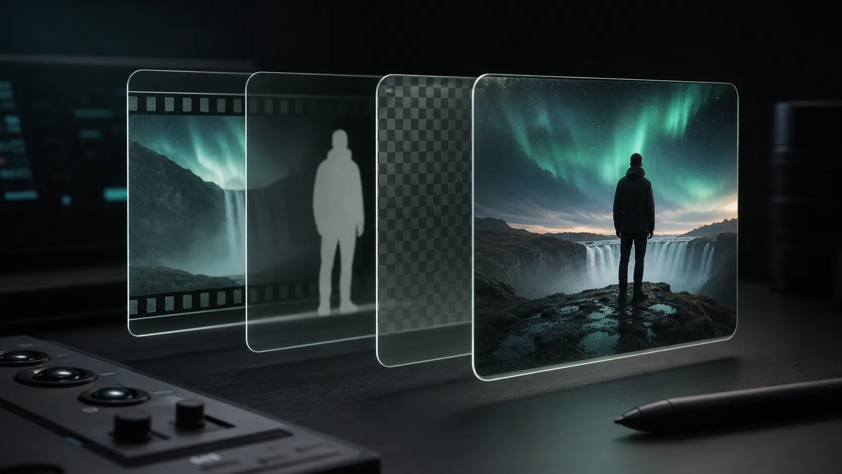 Layered glass video frames showing a source image, person matte, transparency grid, and final composite
