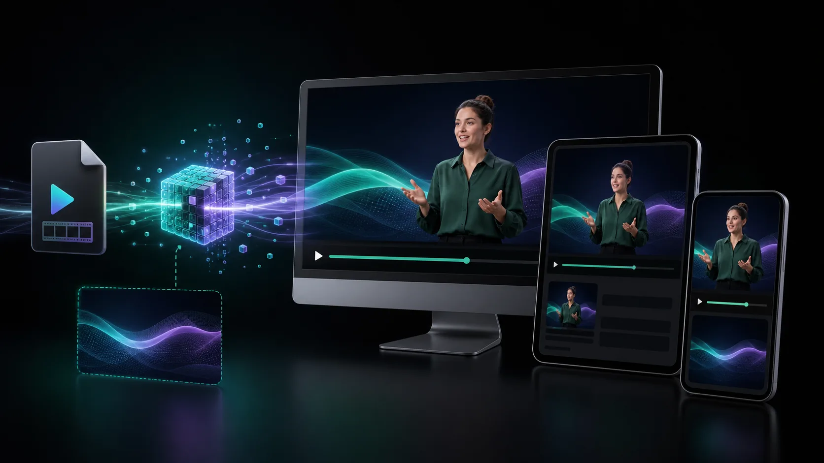 Transparent presenter video flowing into desktop, tablet, and mobile web layouts