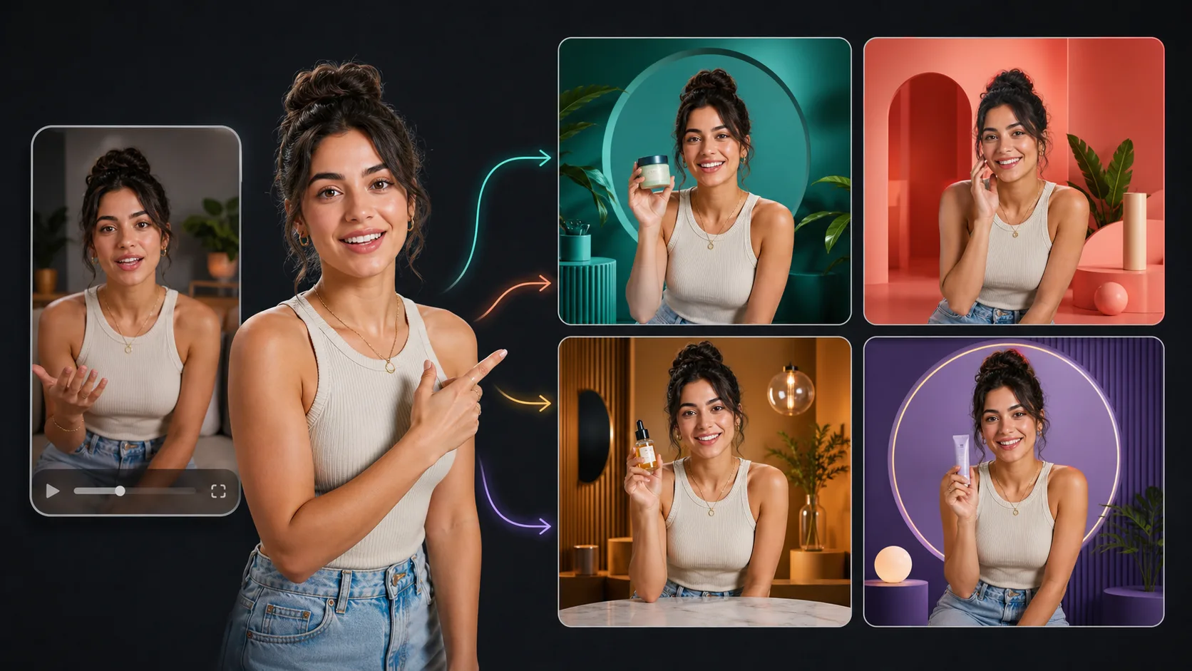 One creator video branching into four distinct advertising background variations