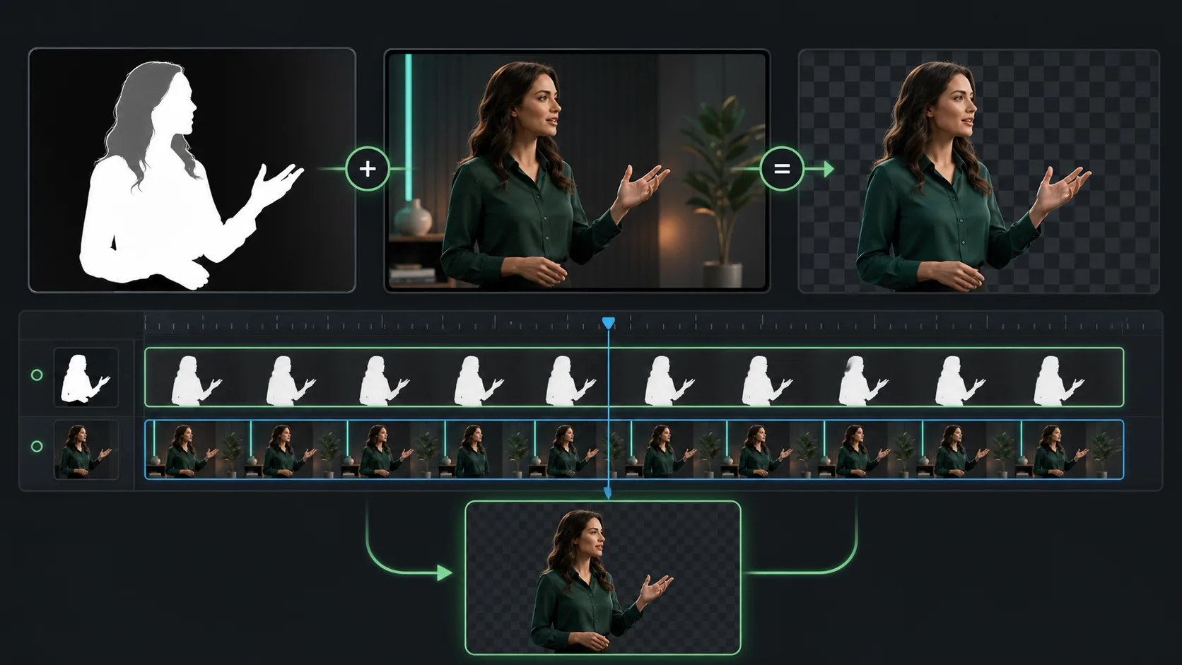 Video editing timeline combining a grayscale person matte with a color clip to create transparency