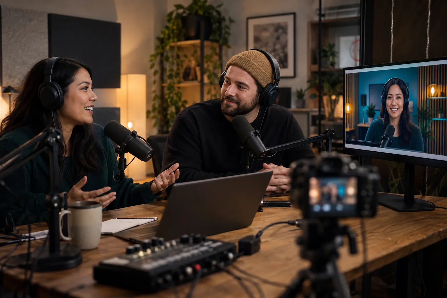 Two podcast hosts recording at a desk while a monitor previews a cleaner studio-style video background